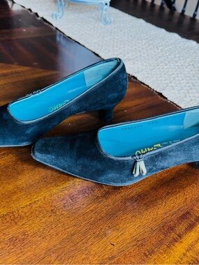 Salvatore Ferragamo Black Suede Kitten Heel Pumps with Tassel